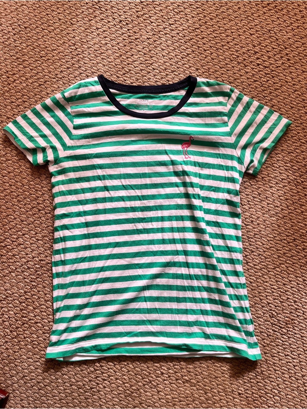 J. Crew Green & White Striped Tee with Pink Flamingo Motif